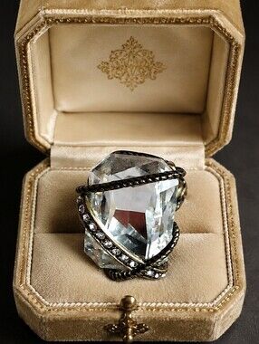 Emerald Cut Large Clear Stone Cocktail Ring Stretch Brass Tone Rhinestone Size 7